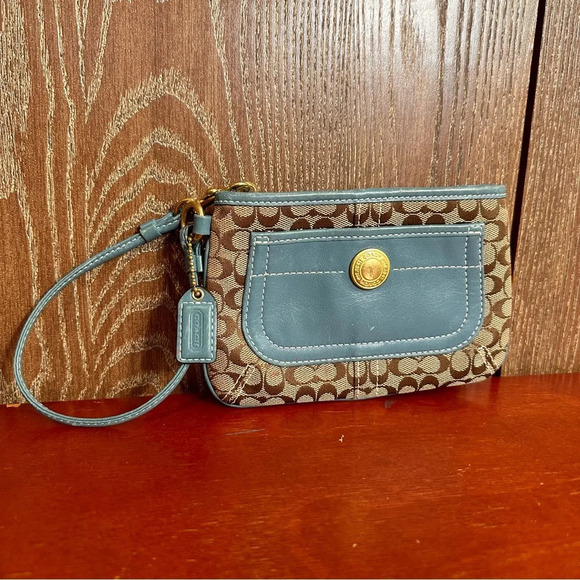 Coach Teal Monogram Wristlet Leather Canvas Small Purse Zip Pouch Cosmetic bag - Picture 2 of 8
